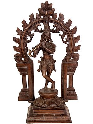 13" Murali Krishna Afore A Floral Aureole, With Kirtimukha Above In Brass | Handmade | Made In India