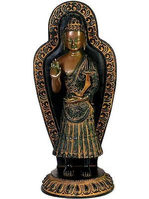 13" Standing Buddha Afore A Superbly Stylised Aureole In Brass | Handmade | Made In India