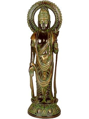 15" The Lissome Buddha, Standing Atop Blooming Lotuses (Sculpted Japanese Style) In Brass | Handmade | Made In India