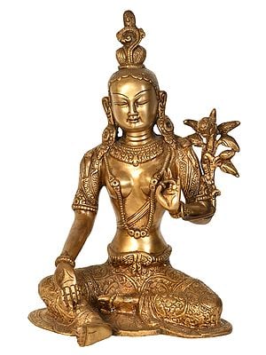 10" Seated Green Tara, Her Towering Crown In Sharp Contrast To Her Dangling Karnaphool In Brass | Handmade | Made In India