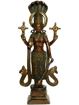 12" Standing Chaturbhuja Vishnu, Five-Hooded Shesha Towering Above His Halo In Brass | Handmade | Made In India