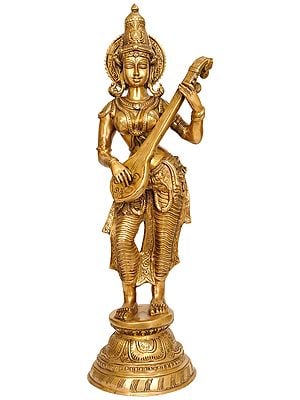 28" Standing Saraswati Strums On Her Veena In Brass | Handmade | Made In India