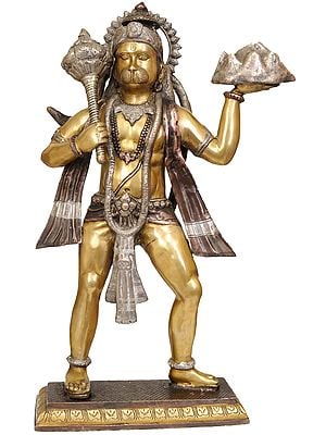 24" Mahabali Hanuman With The Goad In One Hand, Mount Dron In The Other In Brass | Handmade | Made In India