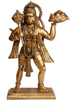24" Mahabali Hanuman With The Goad In One Hand, Mount Dron In The Other In Brass | Handmade | Made In India