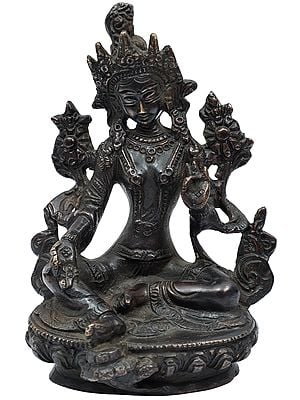 6" The Exquisitely Sculpted Green Tara, The Elaborate Crown Framing Her Gentle Face In Brass | Handmade | Made In India