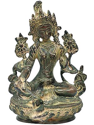 6" The Exquisitely Sculpted Green Tara, The Elaborate Crown Framing Her Gentle Face In Brass | Handmade | Made In India