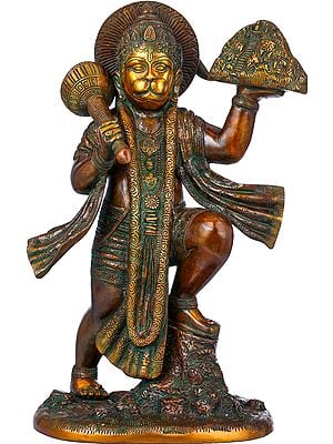 15" The Determined Hanuman, Having Lifted The Might Mount Dron In Brass | Handmade | Made In India