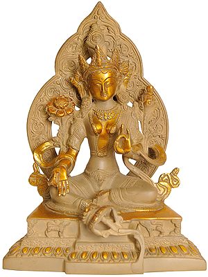 9" Green Tara Seated Afore An Elaborate Prabhavali Upon A Decorated Pedestal (Tibetan Buddhist Deity) In Brass | Handmade | Made In India