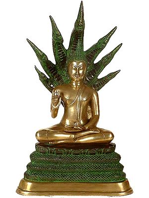 21" Spreading His Splendid Hood Over The Exalted One - Handmade Brass Sculpture