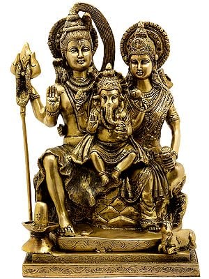 17" Shiva Seated With Parvati Next To Him, Ganesha On Their Lap In Brass | Handmade | Made In India