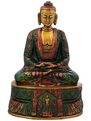 7" Buddha Seated On A High Pedestal, Engraved With A Haloed Figure Of Himself In Brass | Handmade | Made In India