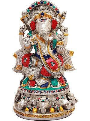 12" An Inlay Statue of Lord Ganesha In Brass | Handmade | Made In India