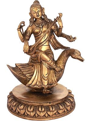 13" Goddess Saraswati Brass Sculpture | Handmade | Made in India