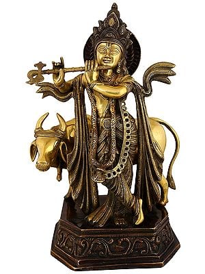 20" Luxuriantly Draped Krishna, Accompanied By His Companion The Cow In Brass | Handmade | Made In India