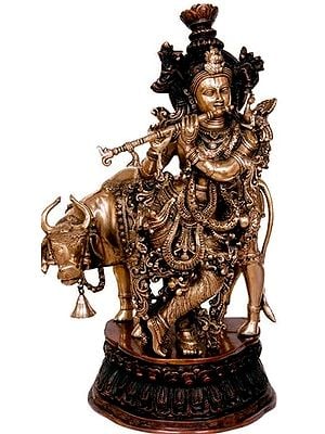 30" Cow Krishna Brass Statue In Brass | Handmade | Made In India