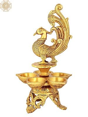 11" Five Wicks Peacock Lamp In Brass | Handmade | Made In India