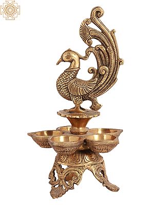 11" Five Wicks Peacock Lamp in Brass | Handmade | Made in India