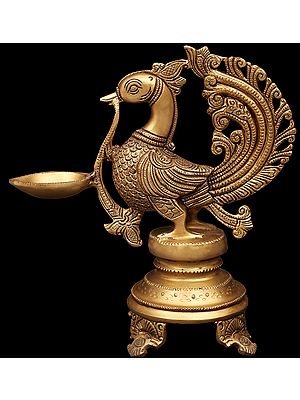8" Peacock Wick Puja Lamp in Brass | Handmade | Made in India