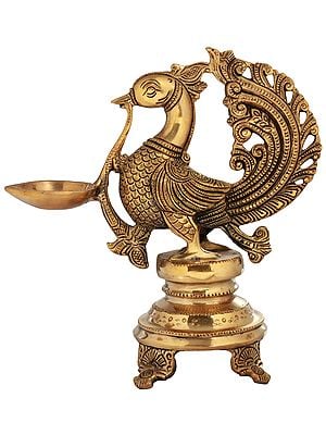 8" Peacock Wick Puja Lamp In Brass | Handmade | Made In India