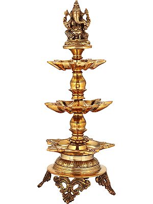 22" Lord Ganesha Brass Lamp on Miniature Lotus Pedestal – Handmade, Indian Craftsmanship