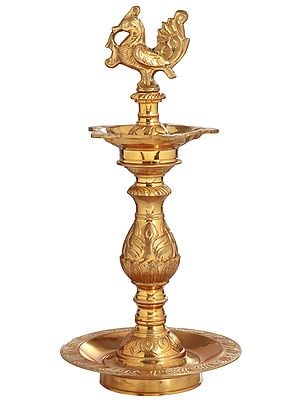 12" Five Wicks Puja Lamp in Brass | Handmade | Made in India