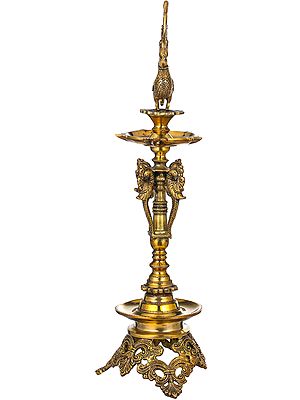 23" Mayur Puja Brass Lamp – Handmade Indian Craft for Sacred Rituals and Spiritual Decor