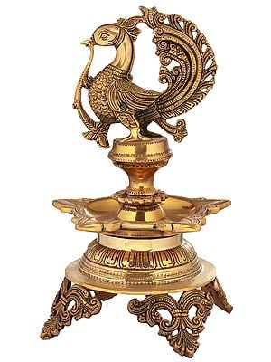 13" Puja Lamp with a Large Peacock Atop In Brass | Handmade | Made In India