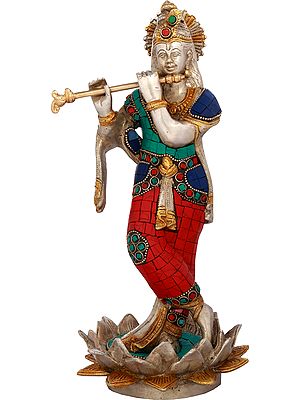 11" Lord Krishna Standing On a Lotus In Brass | Handmade | Made In India