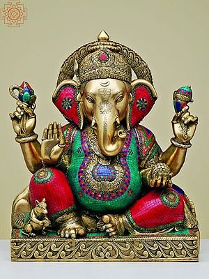 33" Large Brass Lord Ganesha with Inlay Work | Handmade