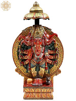 14" Wooden Panchamukhi Ganesha Standing on Throne