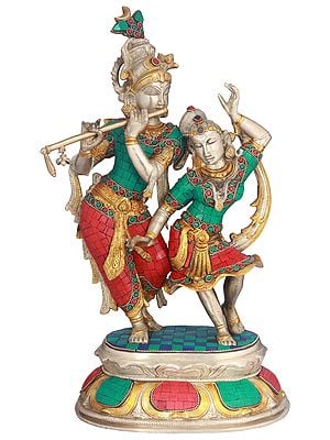 16" Radha and Krishna Engaged in Dance In Brass | Handmade | Made In India