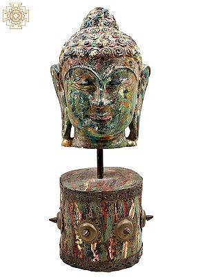 19" Multicolored Buddha Head on Wooden Stand