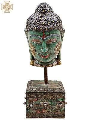 15" Stone Buddha Head on Wooden Stand