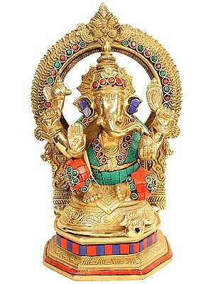Four-armed Sitted Lord Ganesha With  Floral Aureole