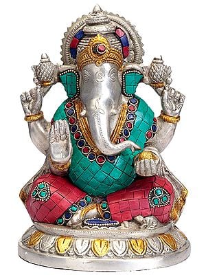 Four-armed Sitted Lord Ganesha Statue With Inlay work