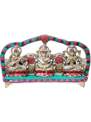 Ganesha Lakshmi Saraswati Statue With Inlay Work
