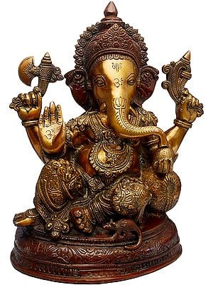 13" Resting Ganesha with Pillow Statue In Brass | Handmade | Made In India