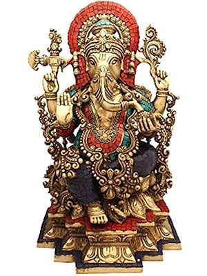  19" Bhagawan Ganapati (Lord Ganesha Inlay Statue) In Brass | Handmade | Made In India