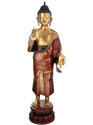 33" Standing Preaching Buddha - Tibetan Buddhist Deity Statue in Brass | Handmade