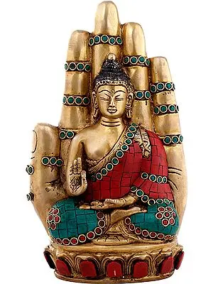 9" Buddha Seated in the Backdrop of Blessing Hand- Brass Statue with Inlay Work In Brass | Handmade | Made In India