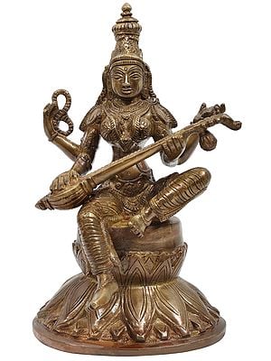 9" Goddess Saraswati Seated on Lotus In Brass | Handmade | Made In India