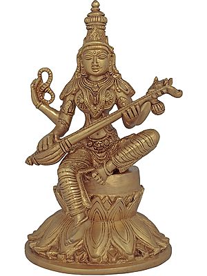 9" Goddess Saraswati Seated on Lotus In Brass | Handmade | Made In India