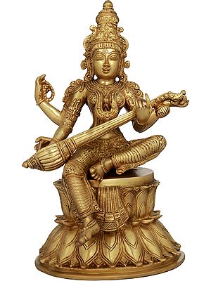 14" The Beauteous Saraswati Strumming On Her Goad-Veena | Handmade | Brass Statue | Made In India