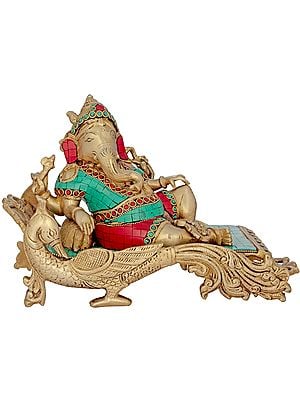 11" Ganesha Relaxing on Peacock Recliner In Brass | Handmade | Made In India