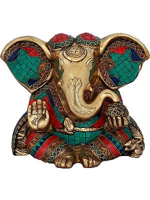 8" Inlay Blessing Ganesha with Large Ears In Brass | Handmade | Made In India