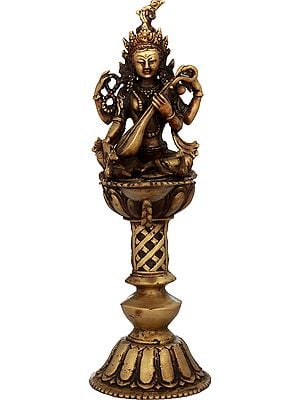 Pooja Lamp with Nepalese Form of Goddess Saraswati - Made in Nepal