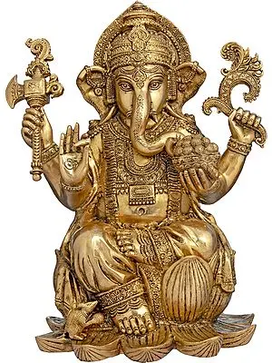 16" Richly Adorned Kamalasana Ganesha Brass Idol - Lifelike Gaze Encompassing the World | Handmade in India