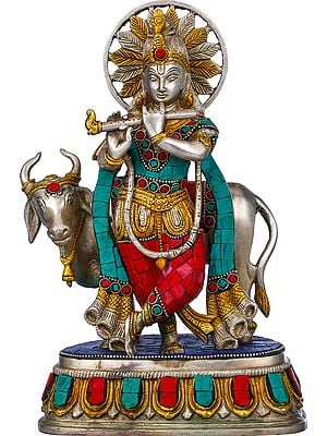 10" Krishna with Cow In Brass | Handmade | Made In India