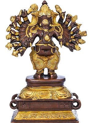 8" Sixteen-Armed Vira-Ganesha Brass Sculpture | Handmade | Made in India
