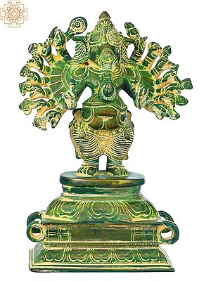 8" Sixteen-Armed Vira-Ganesha Brass Sculpture | Handmade | Made in India